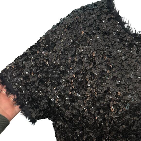 Gryphon Anthropologie Black Sequin Cap Sleeve Round Neck Shirt Top Size S Glam - Picture 9 of 9